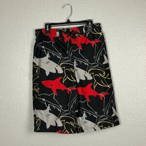 OP Boys Size XL (14-16) 2010s Shark Black Grey Red Long Polyester Swimtrunks